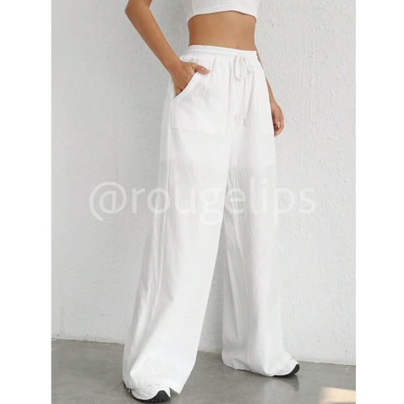 White 100% Cotton Elastic Waist Wide Pants with Drawstring Ties Pockets Long - Picture 3 of 10